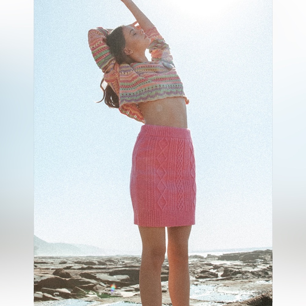 Ghanda Vibrant Bubble Barbie Pink Cable Knit Pencil Skirt NEW S Preppy Nordic